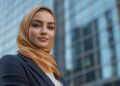 In the foreground, a poised and self-assured woman dressed in a professional business suit paired with a beige hijab looks directly at the viewer. Her expression is one of confidence and determination, a perfect representation of modern professionalism. Set against the backdrop of towering skyscrapers that hint at a bustling city life, her demeanor and attire suggest she is a skilled professional who is ready to meet the challenges of her career in a dynamic urban environment.