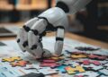 In the photo, the focus is on a highly advanced robotic hand engaged in the process of assembling a jigsaw puzzle. The image captures the precision and dexterity of modern robotics technology as the mechanical fingers carefully maneuver a puzzle piece. Around the robotic arm, a multitude of multicolored jigsaw pieces are strewn across the table, symbolizing both the complexity of the task and the capability of the robot to handle such detailed activities that were once thought to be exclusive to humans.