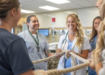 In this photo, a group of healthcare professionals in a hospital are captured in a light-hearted moment during a team-building exercise. They are seen smiling and pulling on a rope, symbolizing cooperation and unity. This activity not only fosters team spirit but also helps to alleviate the stresses typical in medical environments, promoting a collaborative and supportive work culture. Such moments highlight the importance of camaraderie in high-pressure jobs like healthcare, where teamwork is essential for providing the best patient care.