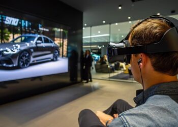 In a well-lit, contemporary showroom, a young man sits comfortably, engaged in an immersive virtual reality experience. He wears a high-tech VR headset, which transports him into the virtual world of a luxury vehicle displayed vividly on the screen in front of him. This cutting-edge technology blends the boundaries between reality and simulation, allowing for an interactive exploration of the car's features and capabilities without ever leaving the showroom.
